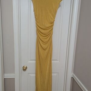 Sleek Mustard Yellow Ruched Maxi Dress - Women's